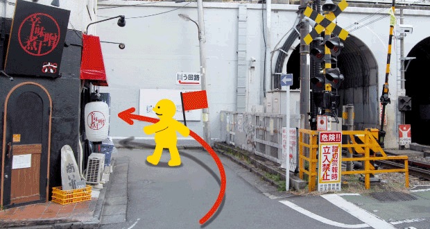 踏み切り横の道を道なりに進む